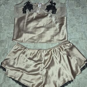 Victoria's Secret Satin Sleep Set in Champagne with Black Lace